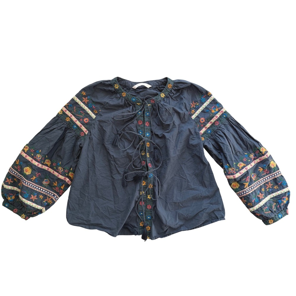 ara Trafaluc Embroidered Boho Blouse Charcoal Gray Tassel Balloon Sleeve S Flaws